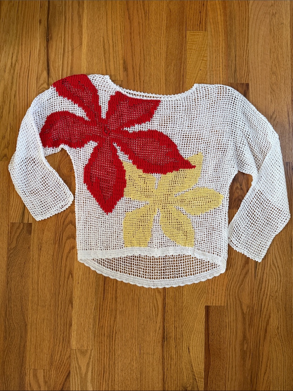 Vintage 80s Crochet White Open-Knit Sweater with Red & Yellow Floral Accents